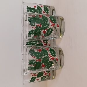 Vintage Indiana Glass Set Of 5 Christmas Holly & Berries Tumblers / Barware